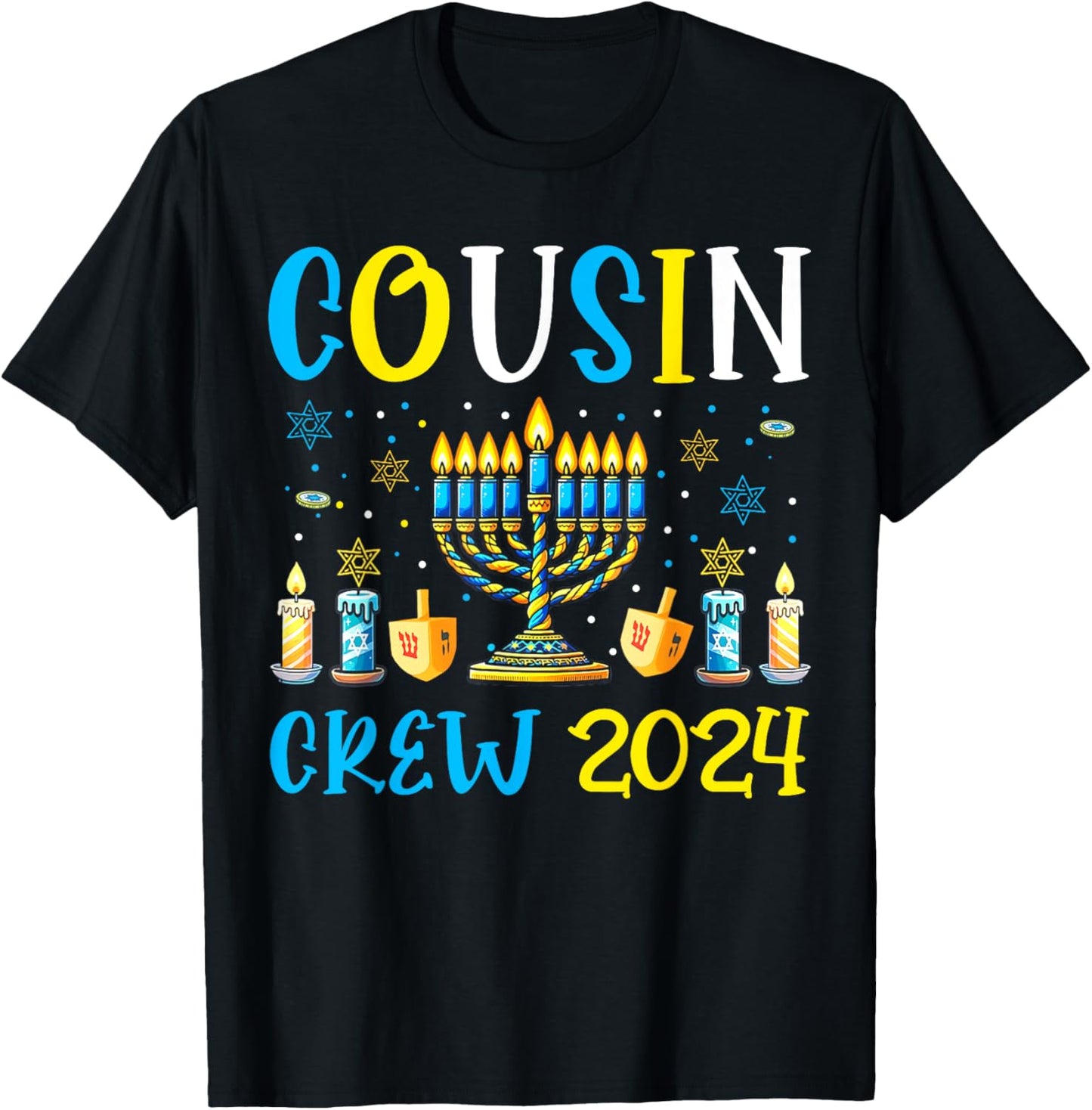 Cousin Crew 2024 Hanukkah Family Costume Menorah Dreidel T-Shirt - T-Shirt | Black
