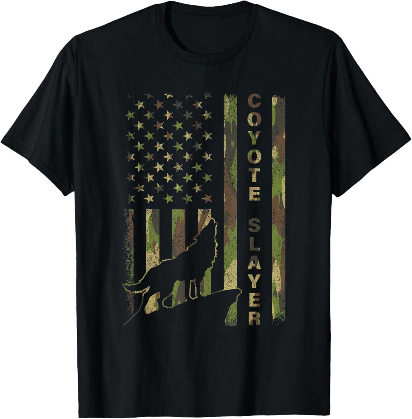 Hunter Camo American Flag Coyote Slayer Hunting Lovers T-Shirt - T-Shirt | Black