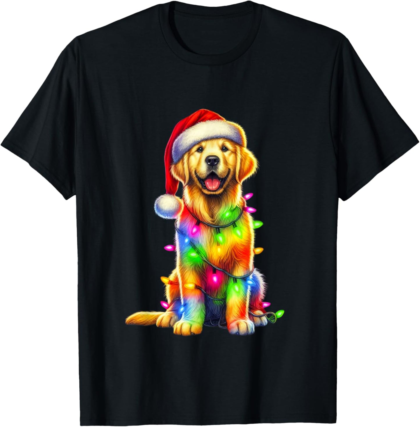 Golden Retriever Christmas Lights Santa Hat Xmas Dog Lover T-Shirt - T-Shirt | Black