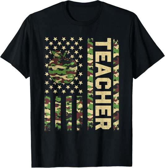 Camo Teacher Vintage Camouflage US USA Flag 4th of July T-Shirt - T-Shirt | Black