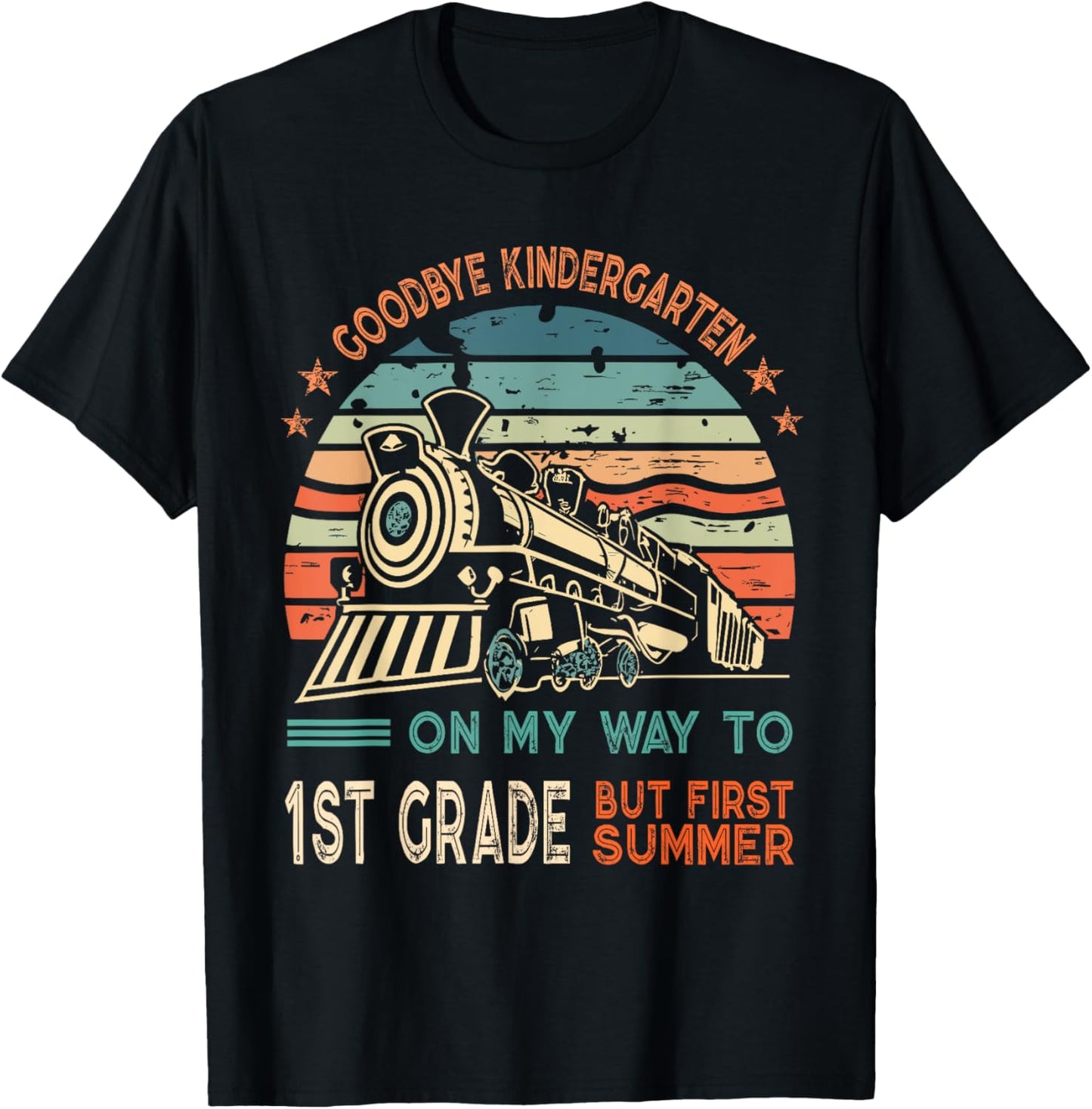 Goodbye Kindergarten To 1st Grade Summer Kids Vintage Train T-Shirt - T-Shirt | Black