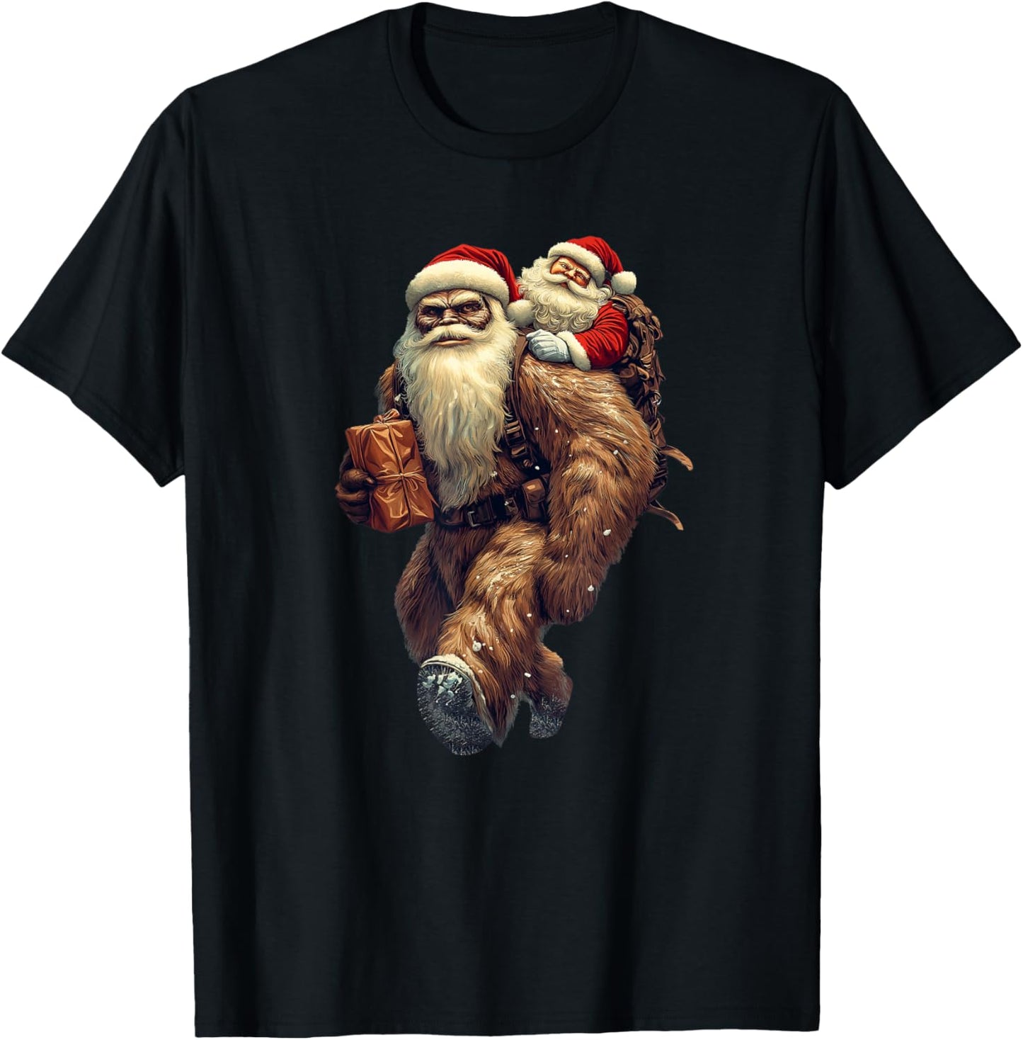 Funny Bigfoot and Santa Christmas Funny Sasquatch T-Shirt - T-Shirt | Black