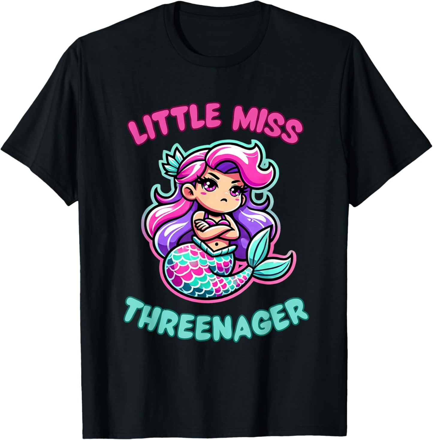 Little Miss Threenager Mermaid Princess Birthday 3 Third T-Shirt - T-Shirt | Black