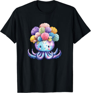 Méduse Kawaii avec Couronne de Coquillages colorés T-Shirt - T-Shirt | Black
