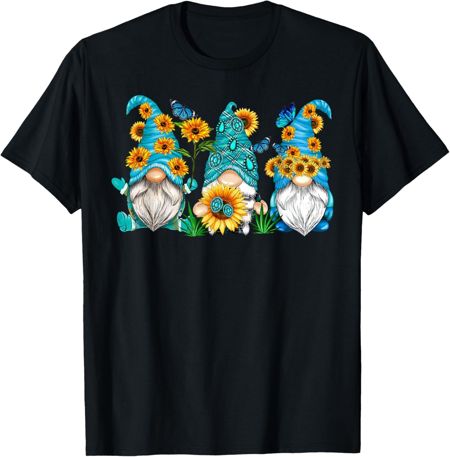 Cute Gnomes With Sunflower Butterfly Gardeners Summer Floral T-Shirt - T-Shirt | Black