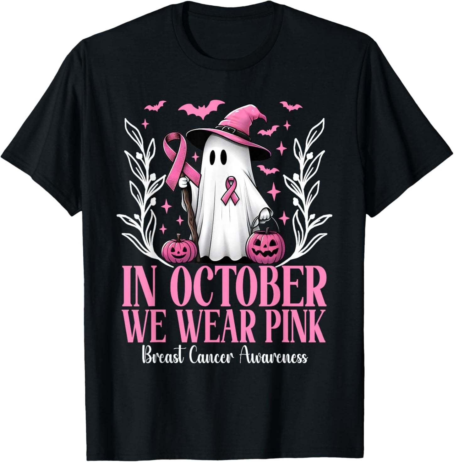 In October We Wear Pink Breast Cancer Witch Ghost Halloween T-Shirt - T-Shirt | Black
