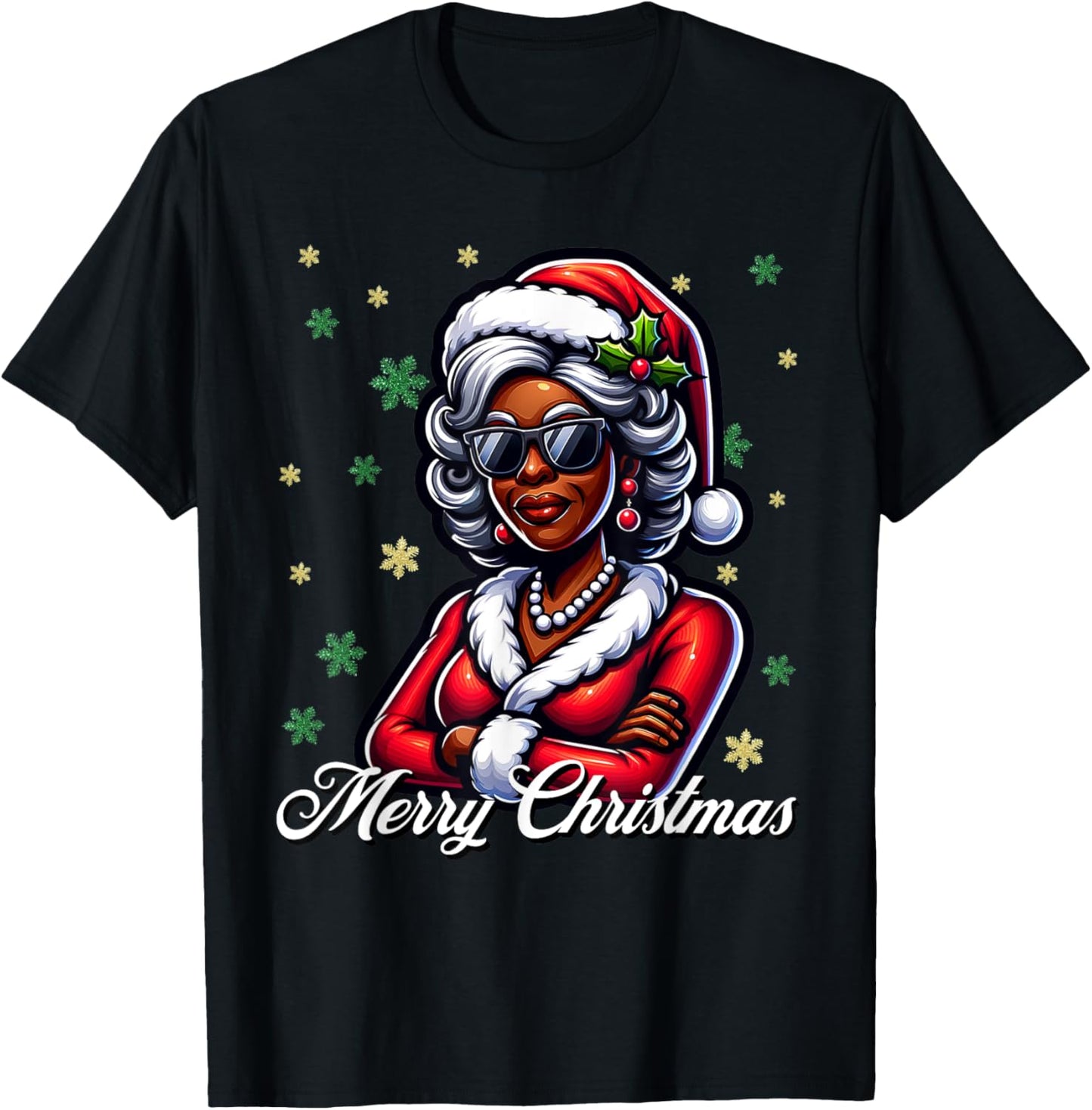 Mrs Santa African American Merry Christmas Melanin Queen T-Shirt - T-Shirt | Black