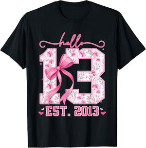 Hello Thirteen Est 2013 Pink Coquette Bow 13th Birthday Girl T-Shirt - T-Shirt | Black