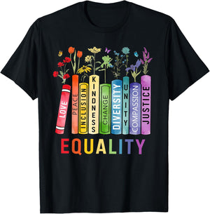 Equality Books Peace Love Compassion LGBT Gay Lesbian Pride T-Shirt - T-Shirt | Black