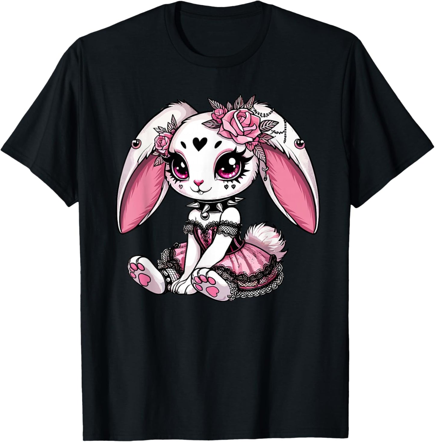Gothic Bunny with Lace Corset and Roses T-Shirt - T-Shirt | Black