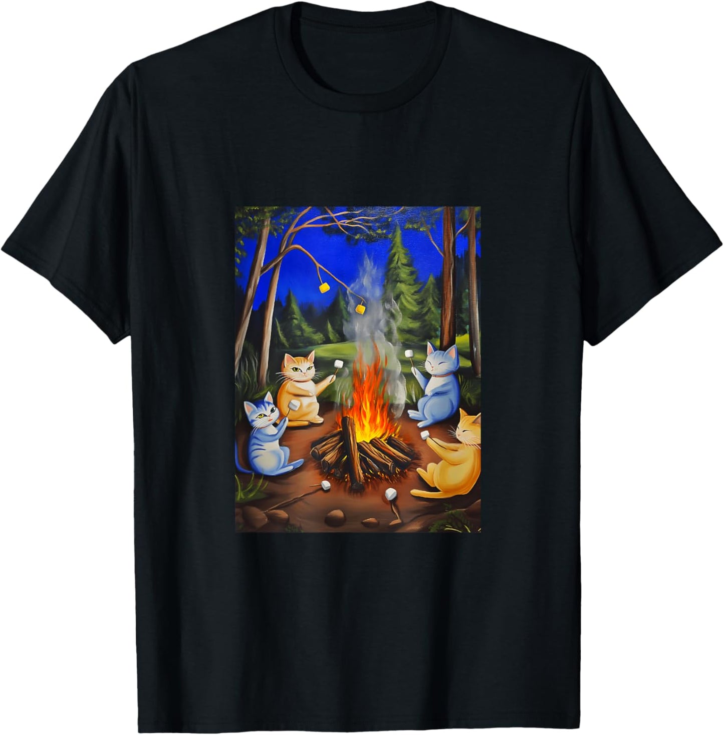 Cats Camping and Roasting Marshmallows Over An Open Fire T-Shirt - T-Shirt | Black