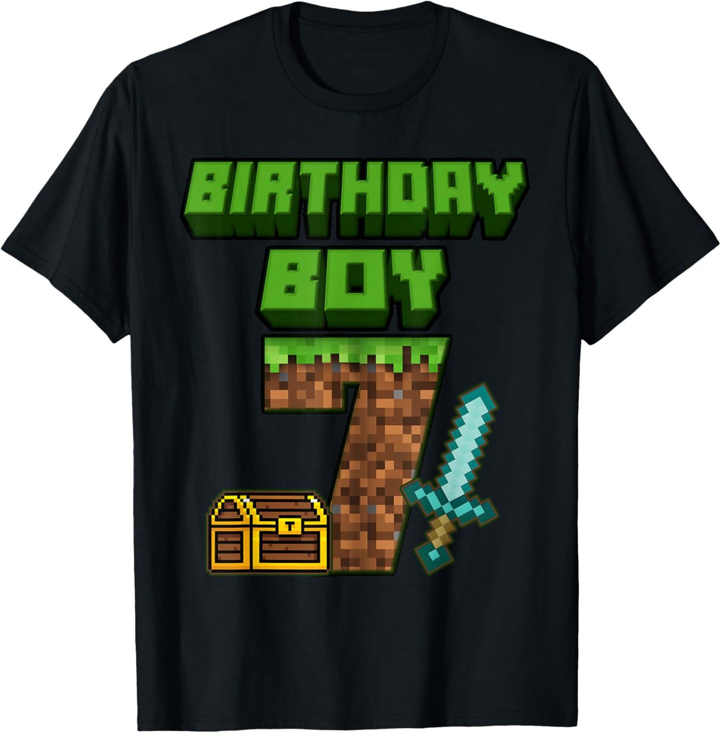 7 Year Old BDay Decorations 7th Birthday Boy Game Pixel T-Shirt - T-Shirt | Black