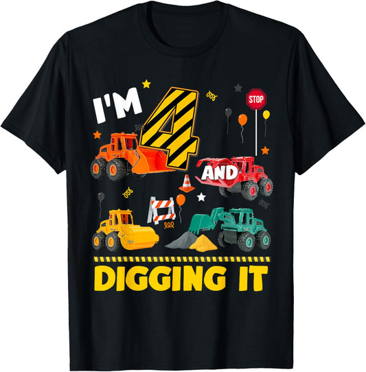 4th Birthday Construction Boy I'm 4 Year Old And Digging It T-Shirt - T-Shirt | Black