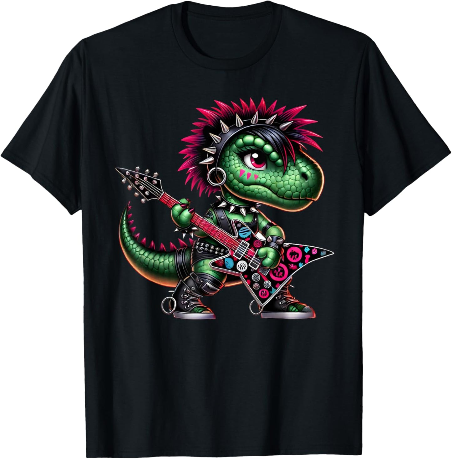 Cute Punk Girl Dinosaur Guitar Band, Rock'n Roll Dino, Girls T-Shirt - T-Shirt | Black