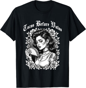 Tacos Before Vatos Sad Chola Latina Chicana Floral T-Shirt - T-Shirt | Black