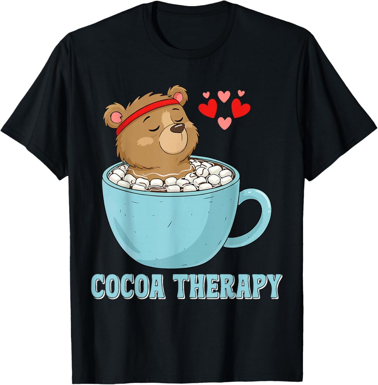 Cute Cocoa Therapy Bear Hot Chocolate Marshmallo Cartoon T-Shirt - T-Shirt | Black