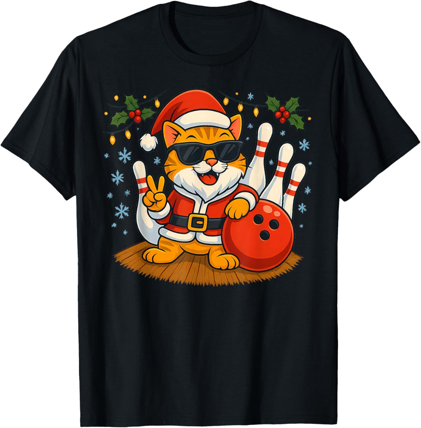 Santa Cat Bowling Christmas Funny Holiday Vibes Men Women T-Shirt - T-Shirt | Black
