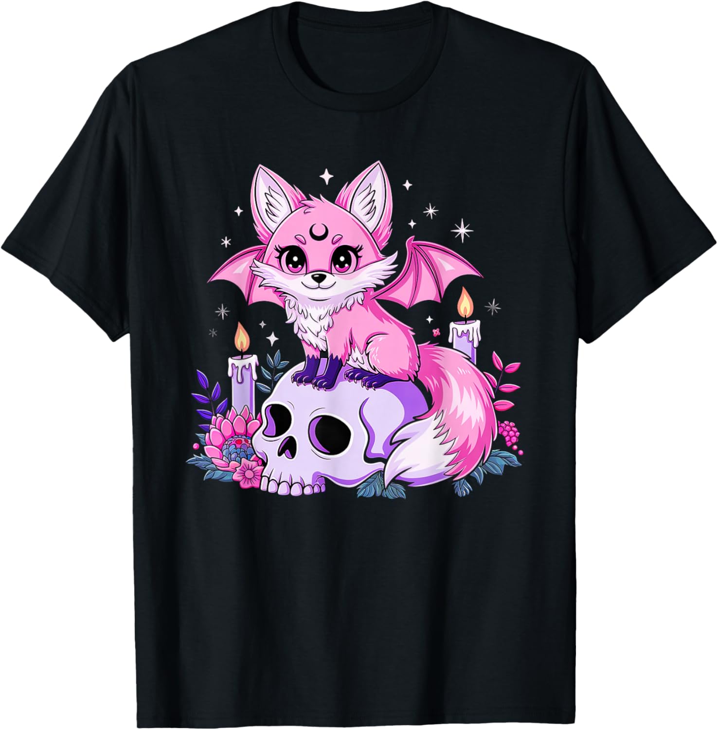 Halloween Kawaii Pastel Goth Cute Creepy Fox Bat Skeleton T-Shirt - T-Shirt | Black