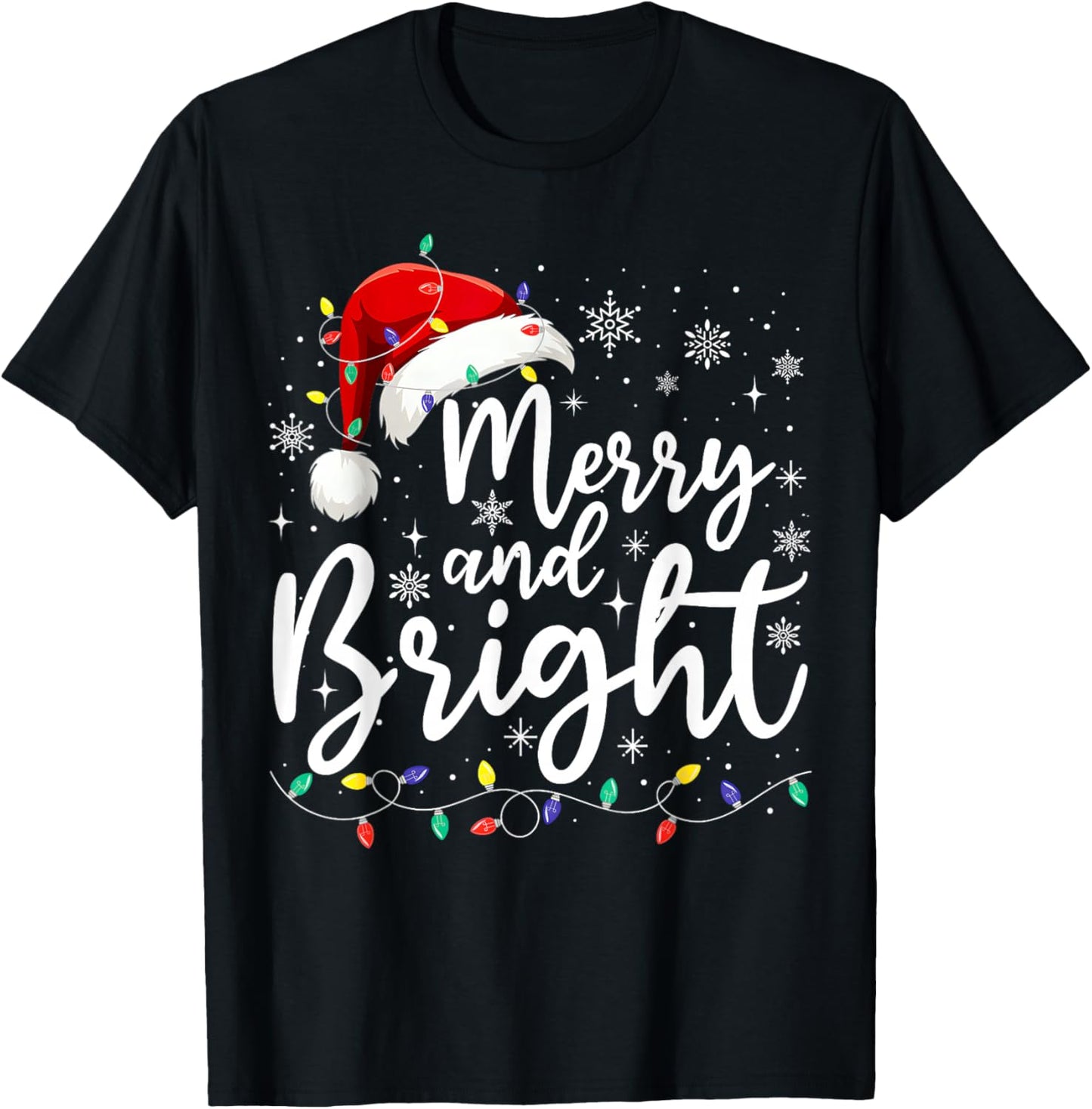 Merry and Bright Christmas Lights Santa Men Women Boys Girls T-Shirt - T-Shirt | Black