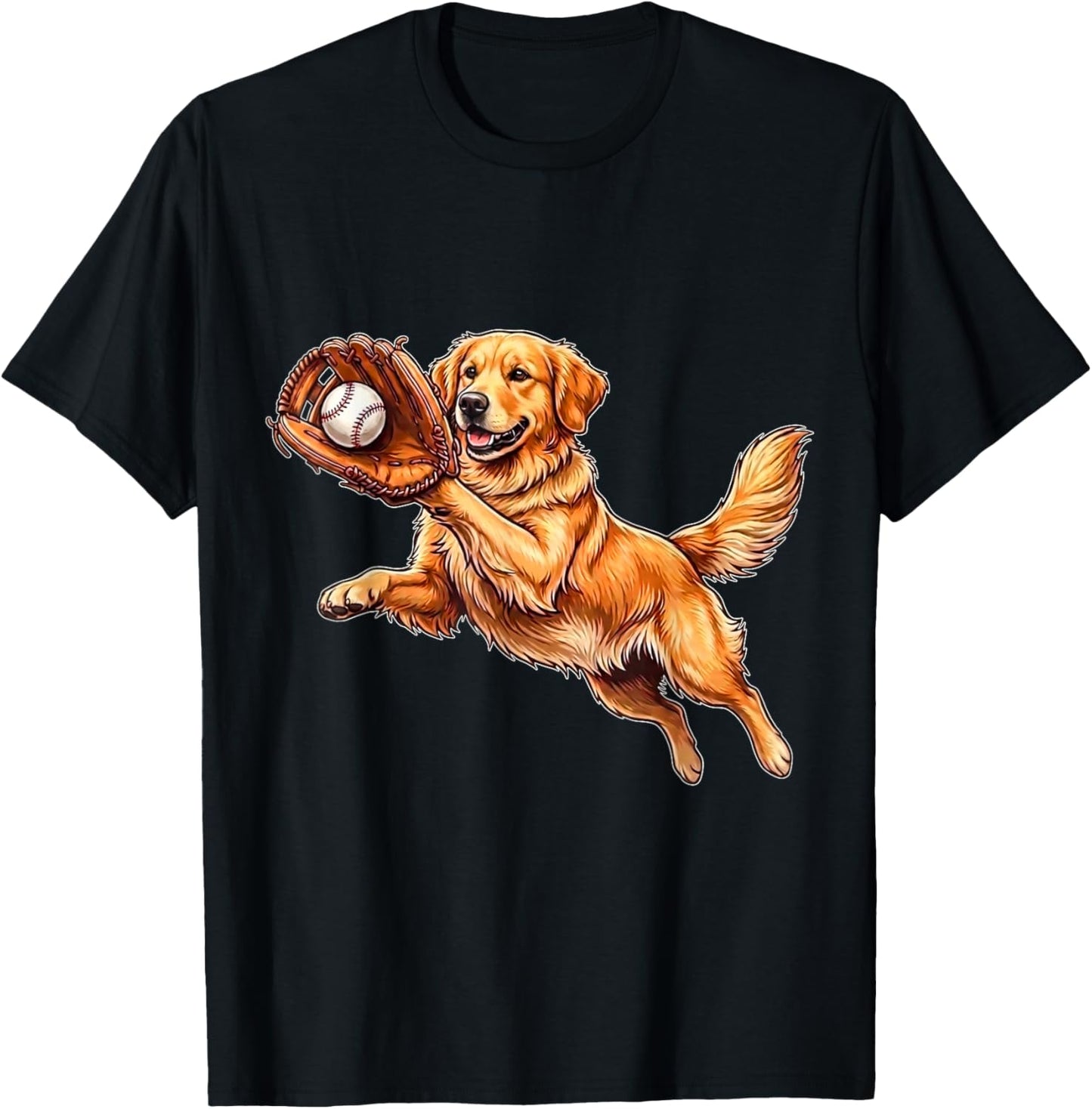 Funny Golden Retriever Baseball Cute Dog Catching Ball Art T-Shirt - T-Shirt | Black