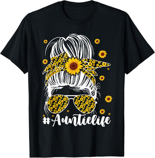 Mom Life Bleached Auntie Life Sunflower Messy Bun T-Shirt - T-Shirt | Black