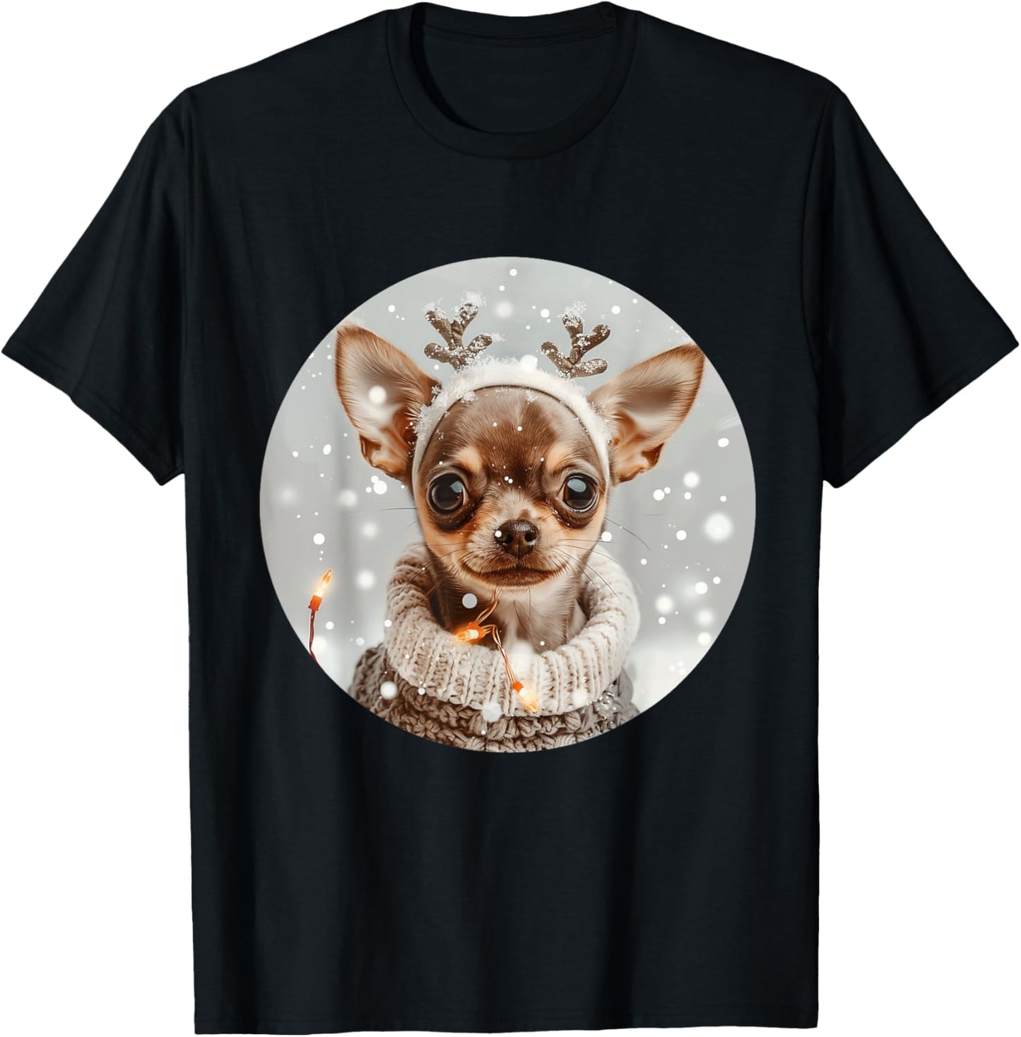 Cute Reindeer Chihuahua Dog Snow Christmas Puppy Snowflakes T-Shirt - T-Shirt | Black