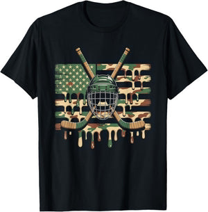 Hockey Ice Cream Drip Camo USA Flag T-Shirt - T-Shirt | Black