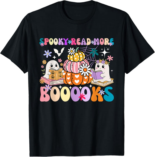 Spooky Read More Boooooks Cute Ghost Pumpkin Reading Groovy T-Shirt - T-Shirt | Black