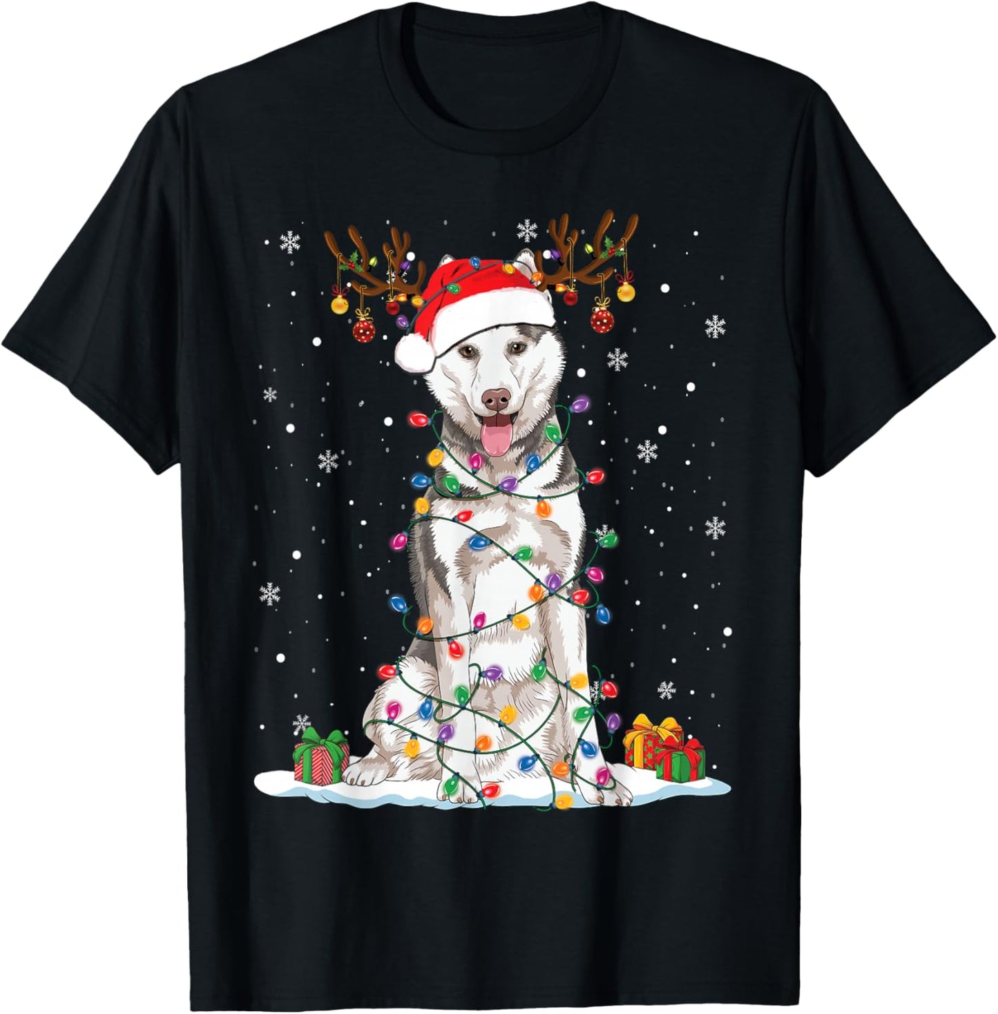 Funny Husky Dog Tree Christmas Lights Xmas Pajama Women Kids T-Shirt - T-Shirt | Black
