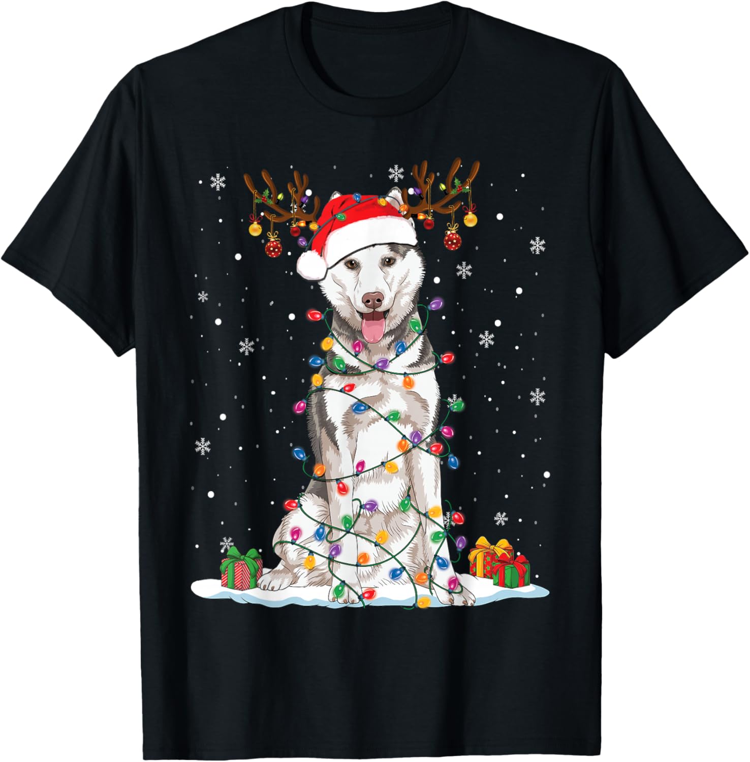 Funny Husky Dog Tree Christmas Lights Xmas Pajama Women Kids T-Shirt - T-Shirt | Black