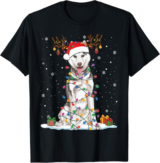 Funny Husky Dog Tree Christmas Lights Xmas Pajama Women Kids T-Shirt - T-Shirt | Black