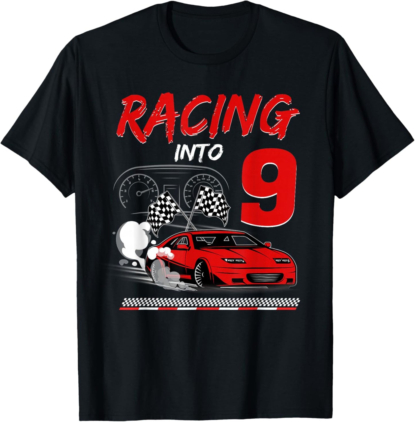 Racing into 9 Year Old Birthday Race Car 9th Boy Party T-Shirt - T-Shirt | Black