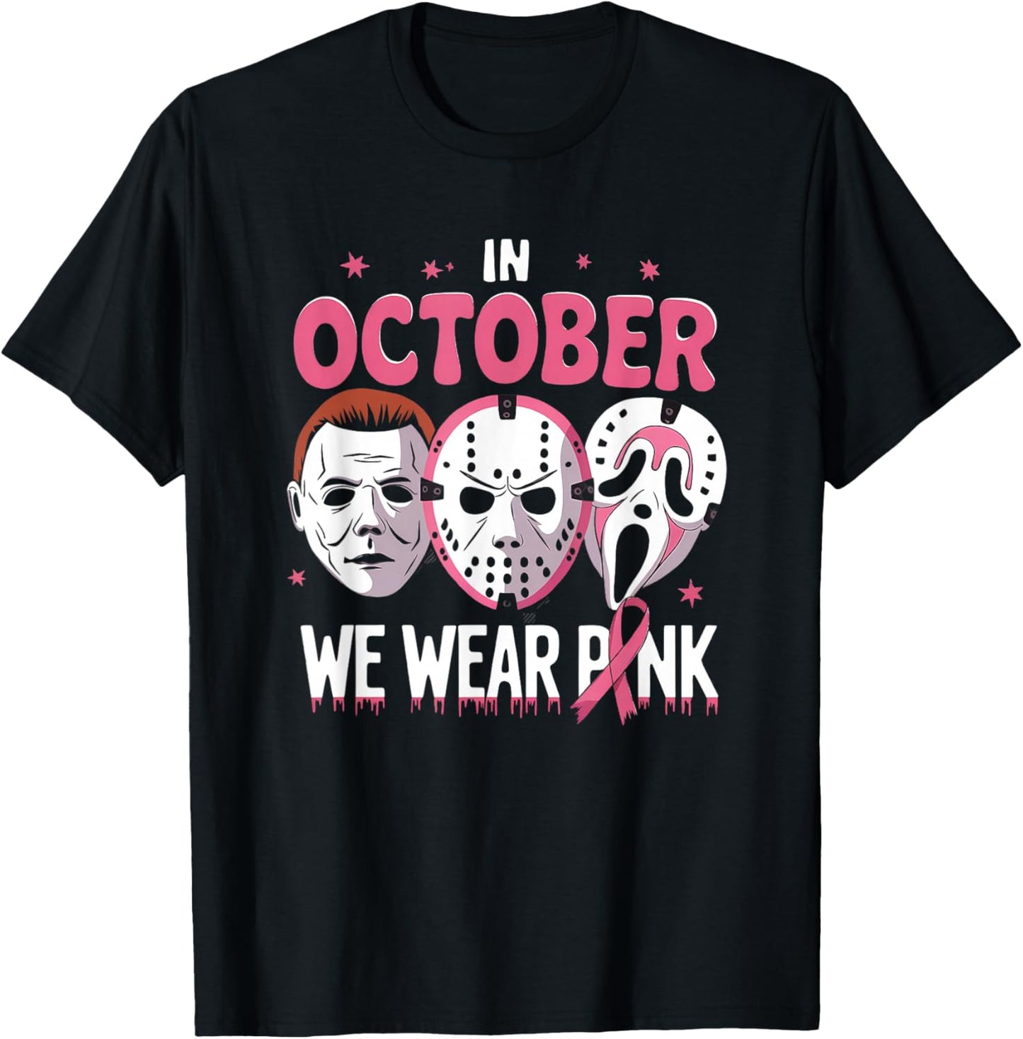 In October We Wear Pink Ghost Halloween Cancer Awareness T-Shirt - T-Shirt | Black