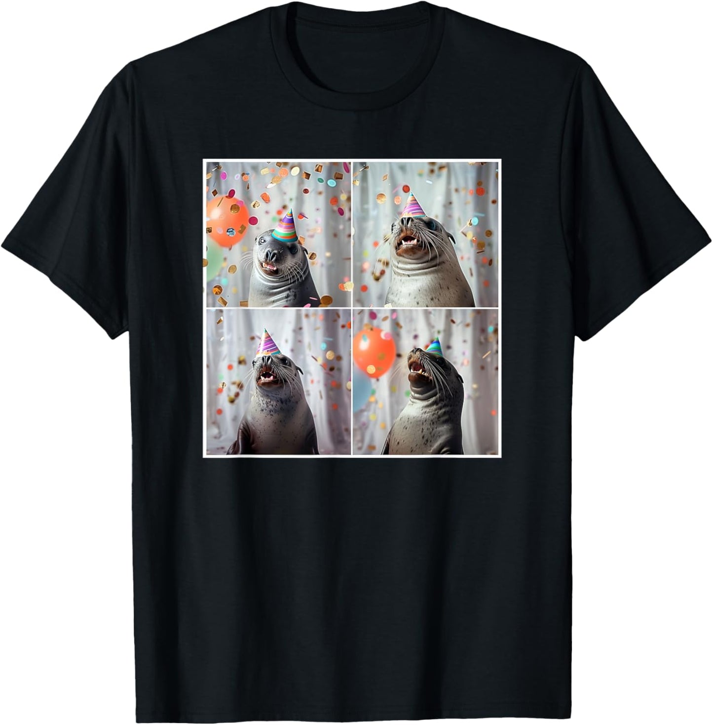 Seal In Party Hat Ocean Seal Lover Funny Seal Birthday T-Shirt - T-Shirt | Black