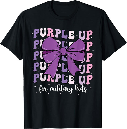 Purple Up For Military Kids Girl Coquette Bow Military Child T-Shirt - T-Shirt | Black