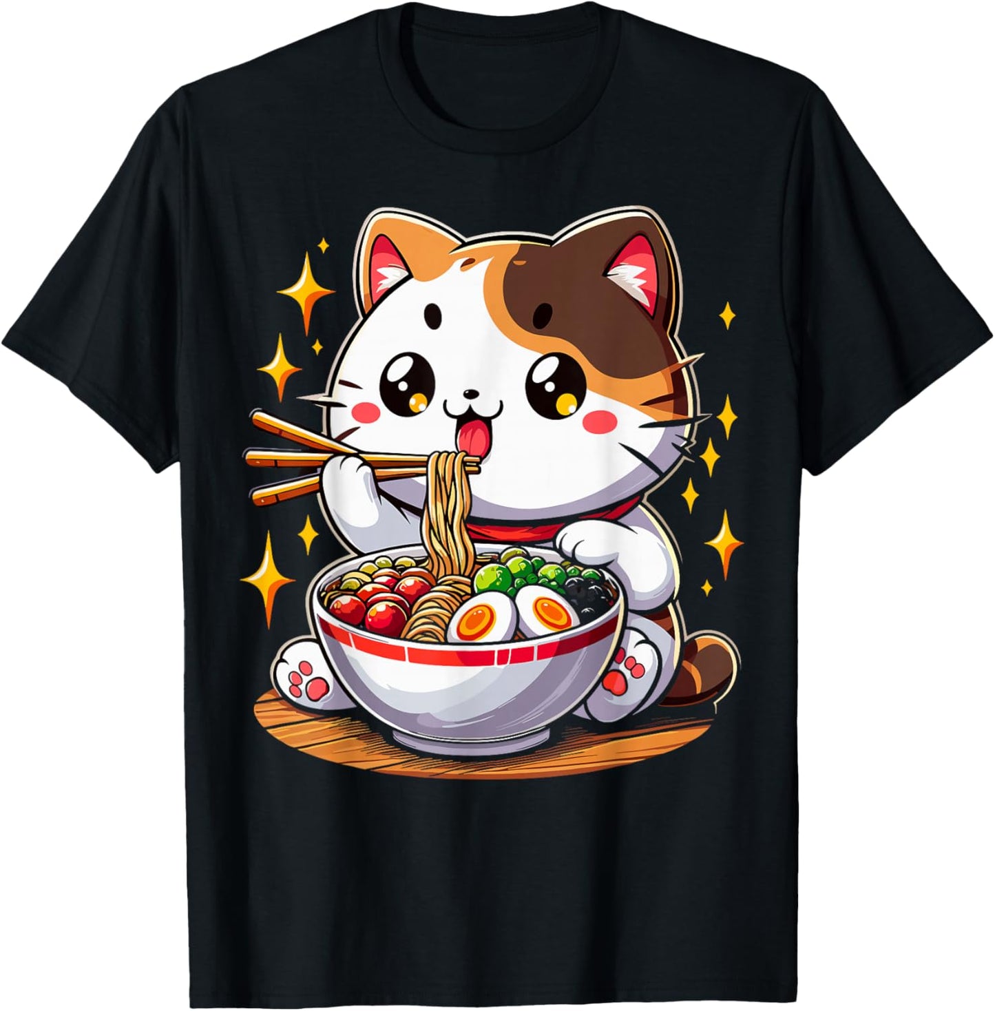 Cat Ramen Noodles Anime Kawaii Japanese Cat T-Shirt - T-Shirt | Black