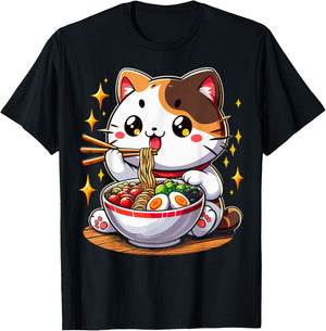 Cat Ramen Noodles Anime Kawaii Japanese Cat T-Shirt - T-Shirt | Black