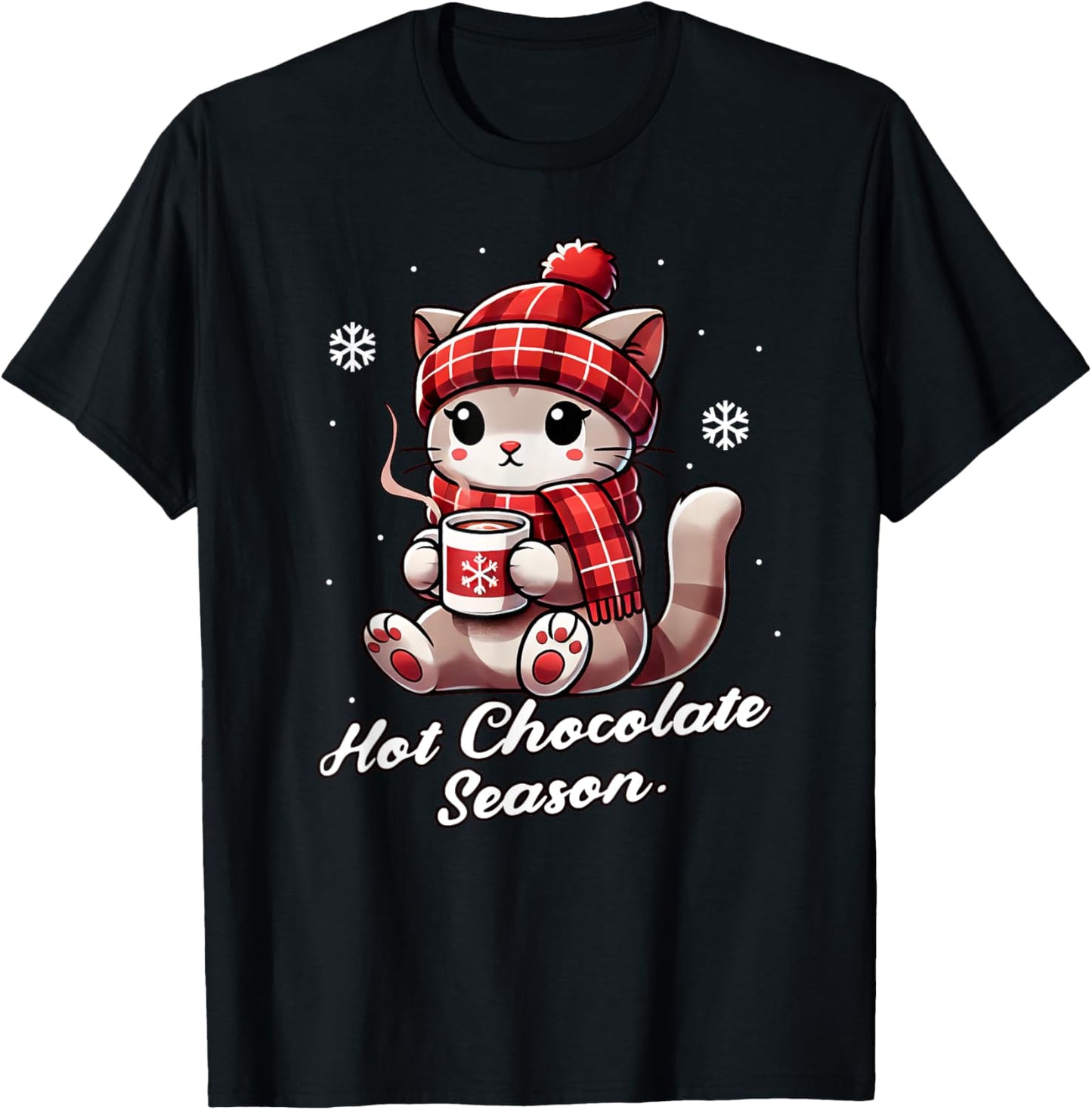 Funny Cat Hot Choco Season Merry Christmas Mom Dad Kids T-Shirt - T-Shirt | Black