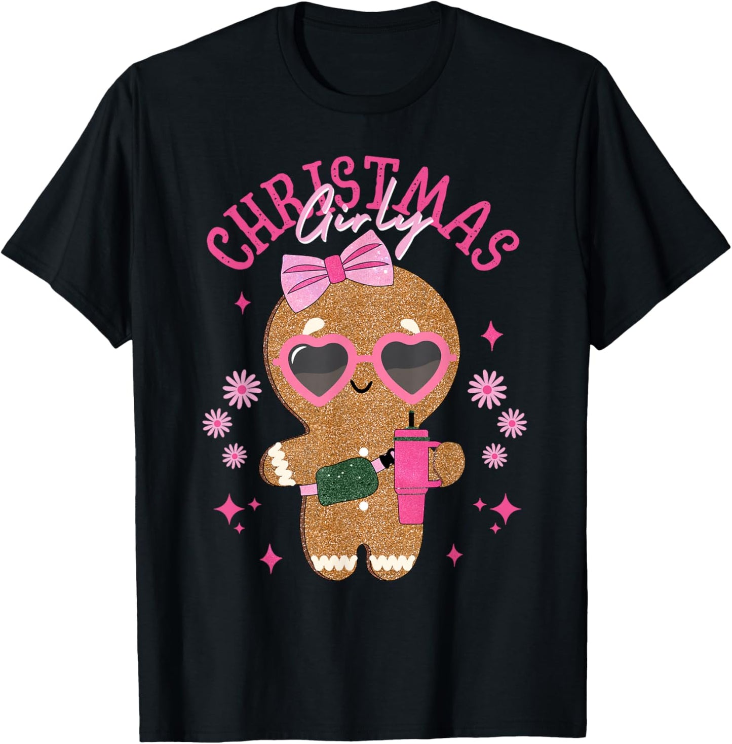 Coquette Bow Pink Gingerbread Christmas Girly Xmas Holiday T-Shirt - T-Shirt | Black