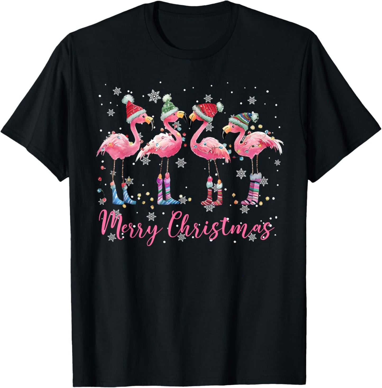 Merry Christmas Hat Santa Flamingo Light Christmas Snow Xmas T-Shirt - T-Shirt | Black
