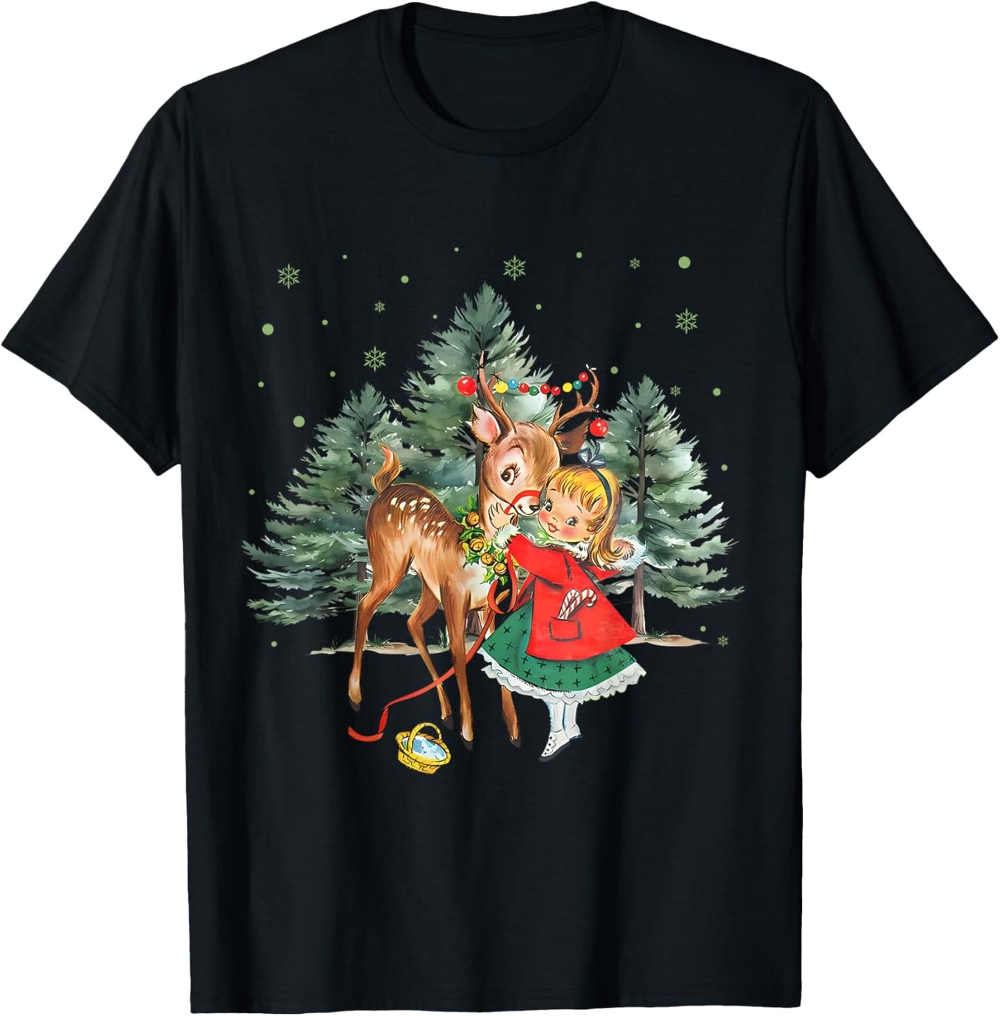 Vintage Girl and Reindeer Retro 1950's Christmas T-Shirt - T-Shirt | Black