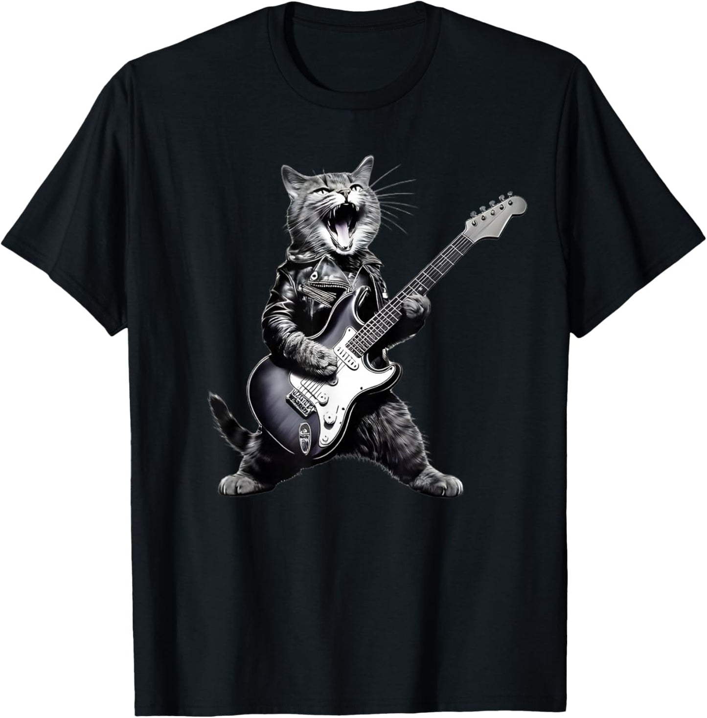 Rock Cat Playing Guitar - Funny Guitar Cat Men Women Girls Kids T-Shirt - T-Shirt | Black