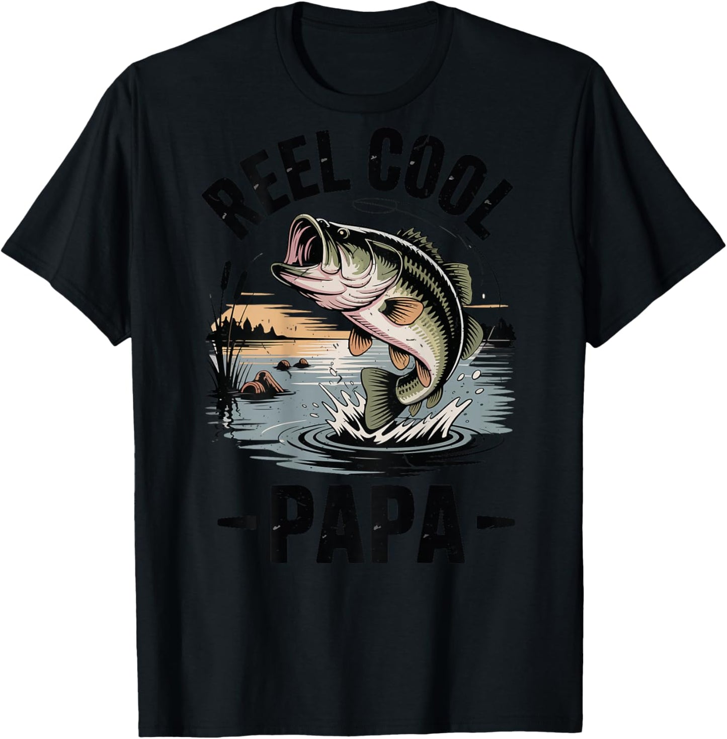 Reel Cool Papa Funny Dad Fishing Gift Son Daughter Bass Fish T-Shirt - T-Shirt | Black
