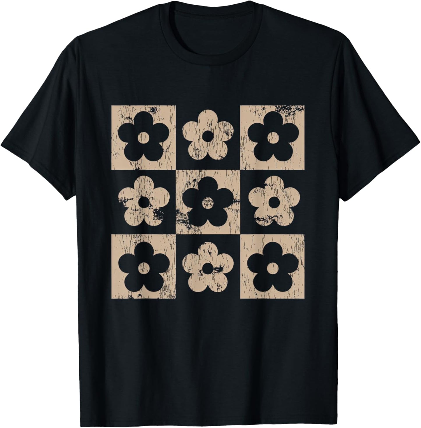 Neutral Checkerboard Daisy Flowers Retro Boho Floral Women T-Shirt - T-Shirt | Black