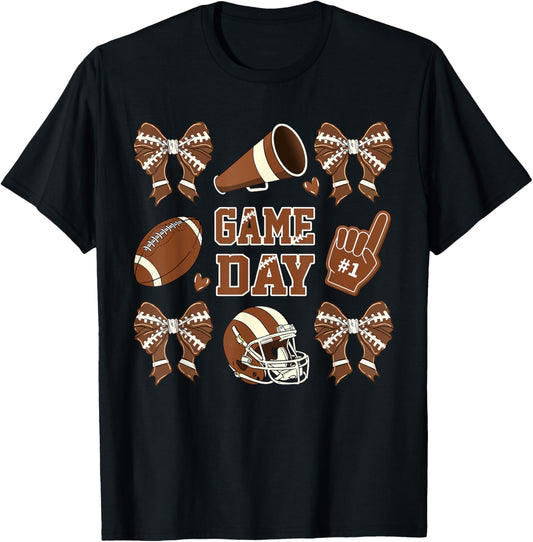 Football Coquette Bow Football Mom Game Day Women Girls Kids T-Shirt - T-Shirt | Black