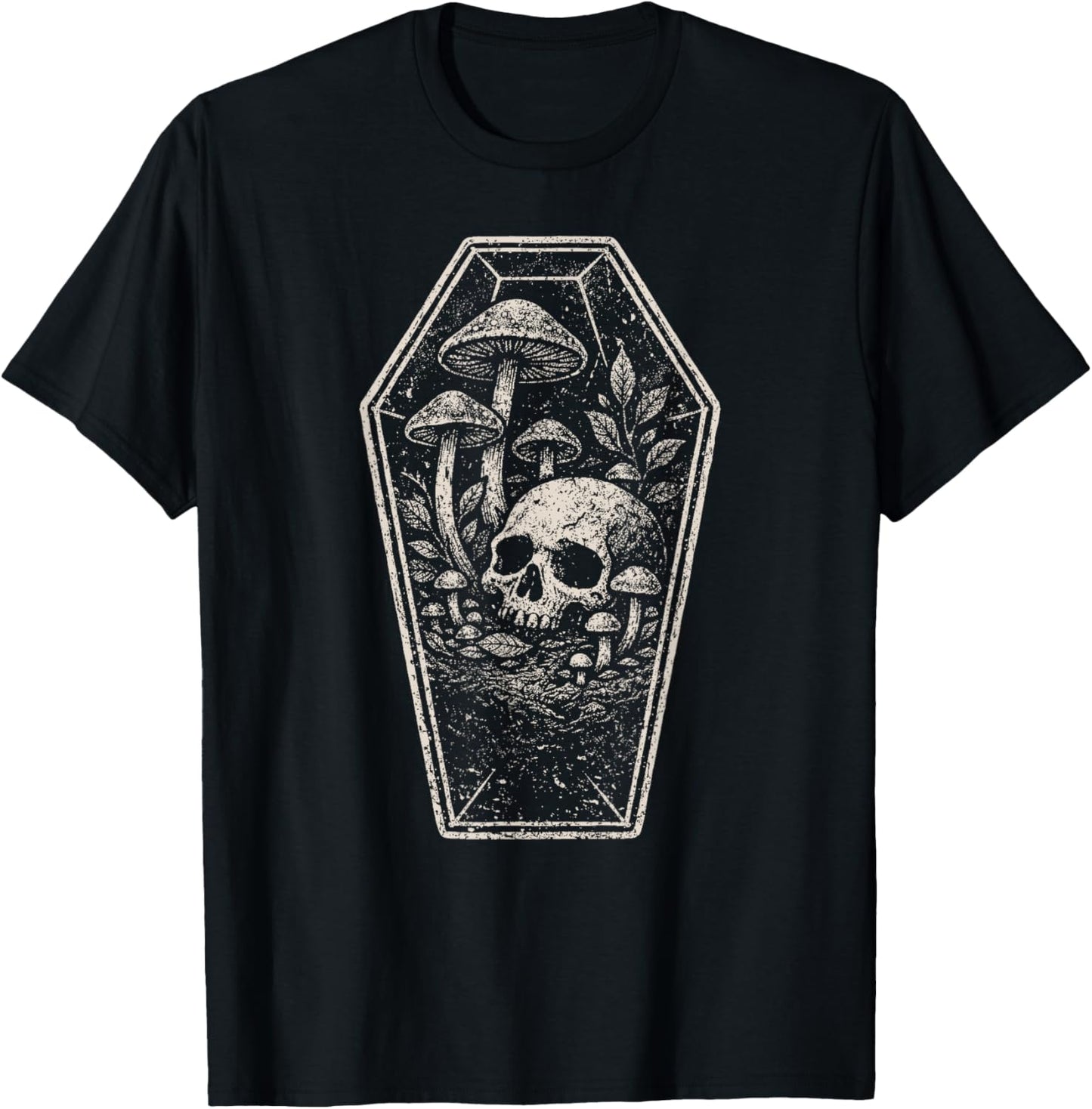 Skull Mushroom Grunge Skeleton Dark Coffin Forest Aesthetic T-Shirt - T-Shirt | Black