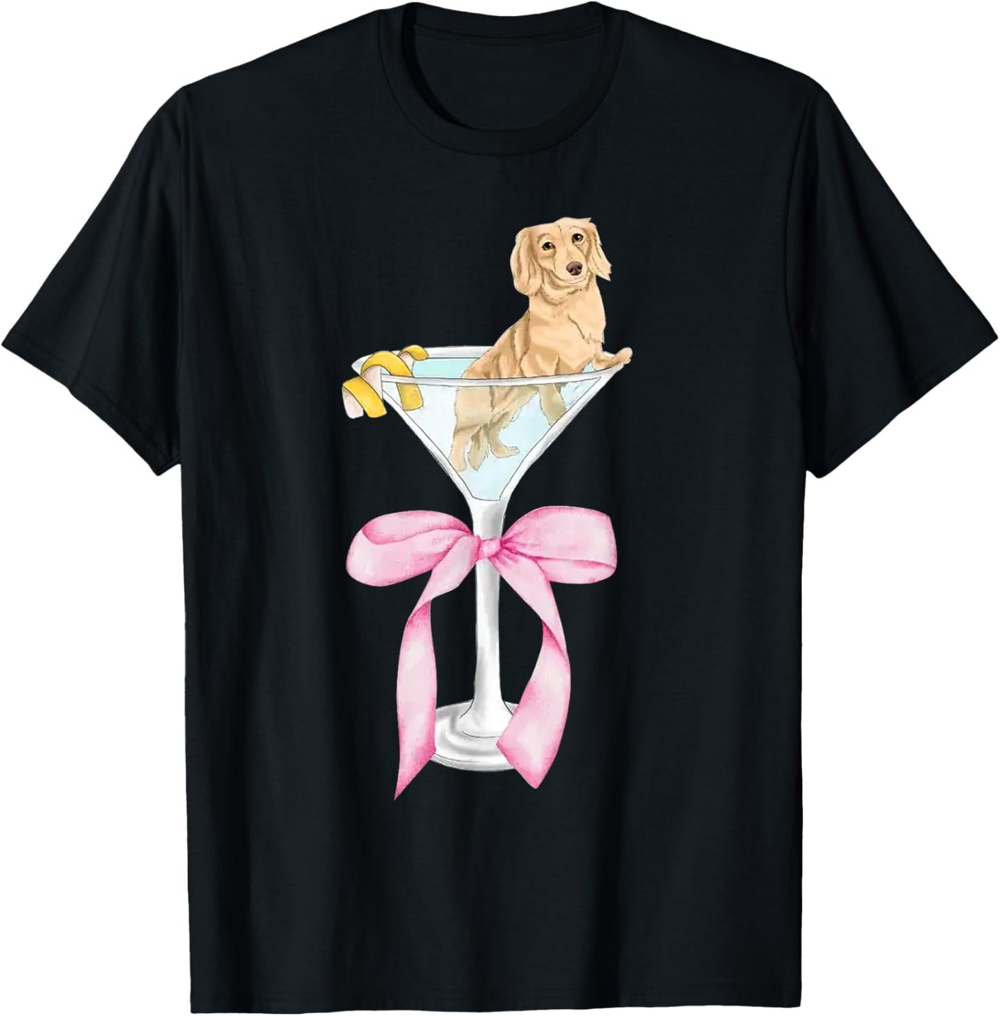 Funny Dachshund Dog With Martini Glass Coquette Pink Bow T-Shirt - T-Shirt | Black