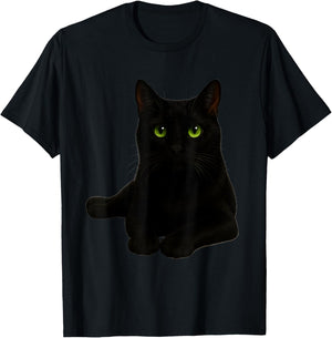 Realistic Portrait of Black Cat with Green Eyes T-Shirt - T-Shirt | Black