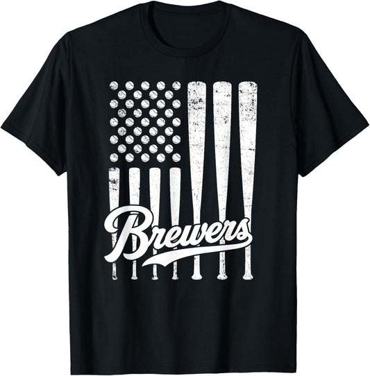 Vintage Brewers Baseball American US Flag Women Kids T-Shirt - T-Shirt | Black