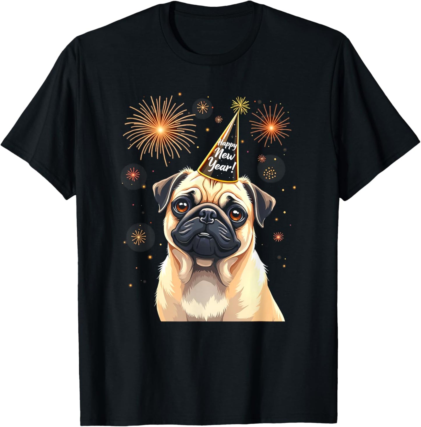 Happy New Year 2025 Eve Firework Dog Funny Pug Dog Women Kids T-Shirt - T-Shirt | Black
